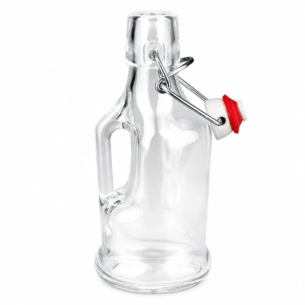 200 ml glazen fles Bertha en PVC-sluiting UNiTWIST® Glazen fles Bertha 200ml met rode verzegelring op de scharnierende top, transparant glas, zijhandvat