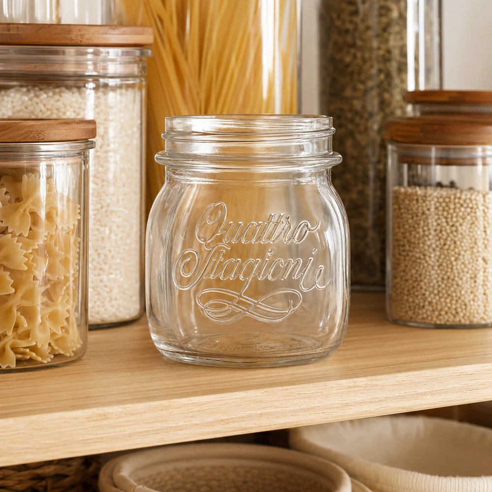 250 ml Quattro Stagioni huishoudpot leeg op een houten plank tussen voorraadpotten gevuld met pasta en ontbijtgranen