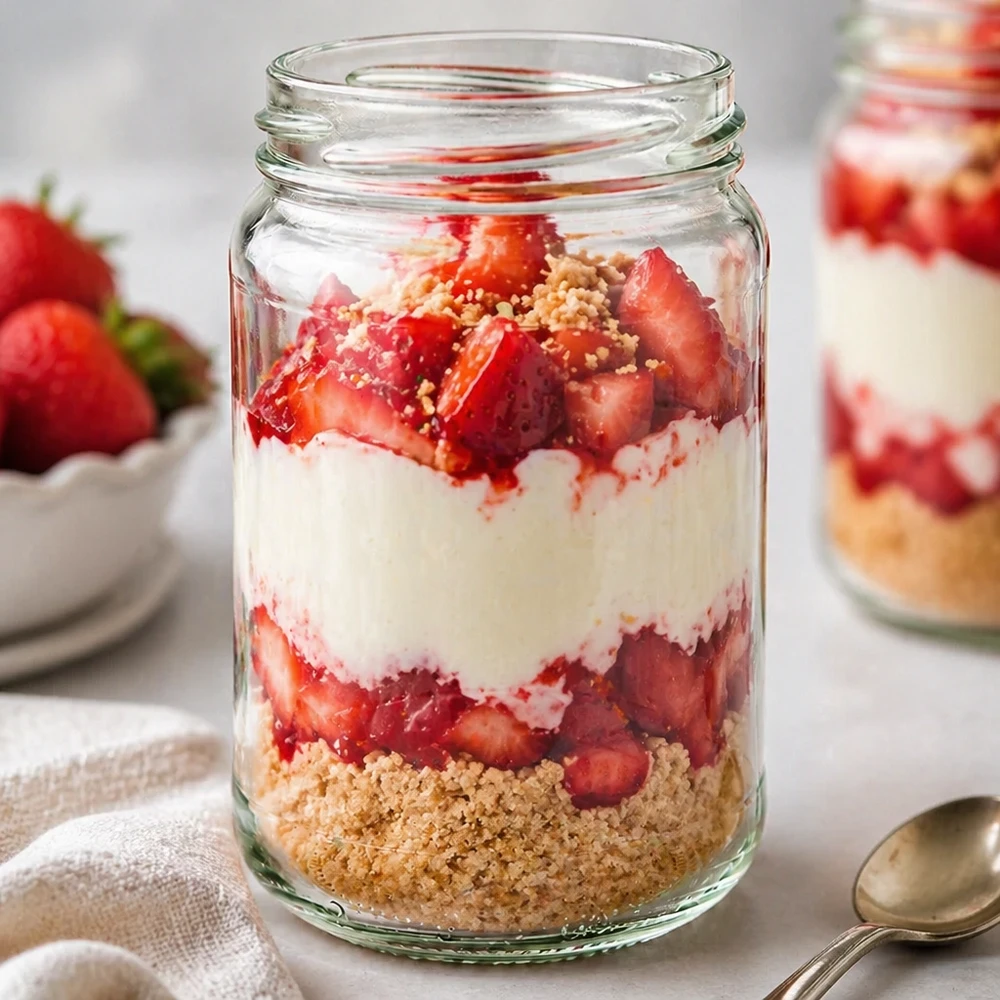 305ml rond glas zonder deksel (TO63) UNiTWIST Ronde pot 305ml gevuld met aardbeien dessert toont UNiTWIST Runda305 TO63 inmaakpot voor gelaagde desserts en yoghurt