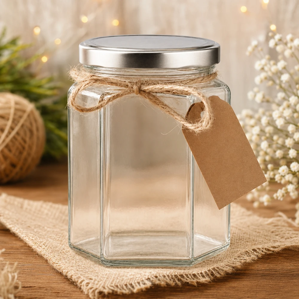 288ml hexaglas met BasicSeal deksel zilver UNiTWIST 288ml Hexaglas mit silbernem Deckel dekorativ mit Juteschnur und Kraftpapier-Anhänger als Geschenkidee arrangiert