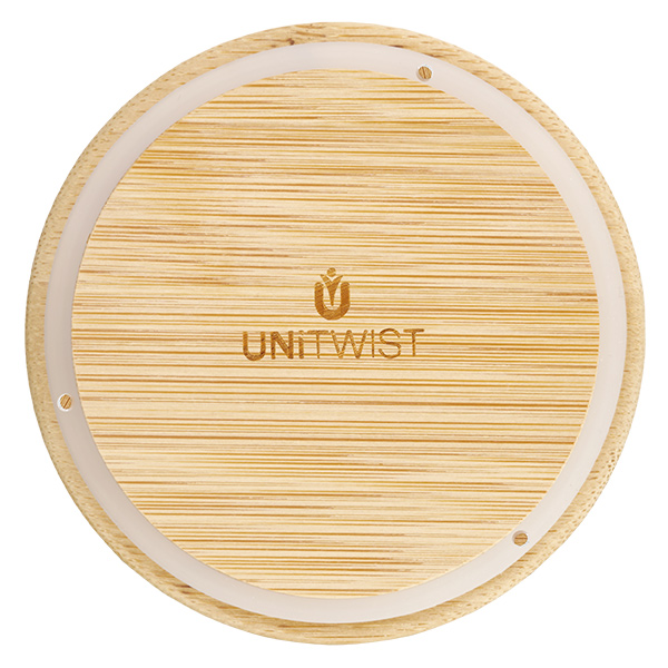 Houten deksel WECK RR100 UNITWIСT houten deksel voor WECK RR100 van boven met zichtbaar logo en houtnerf op witte achtergrond