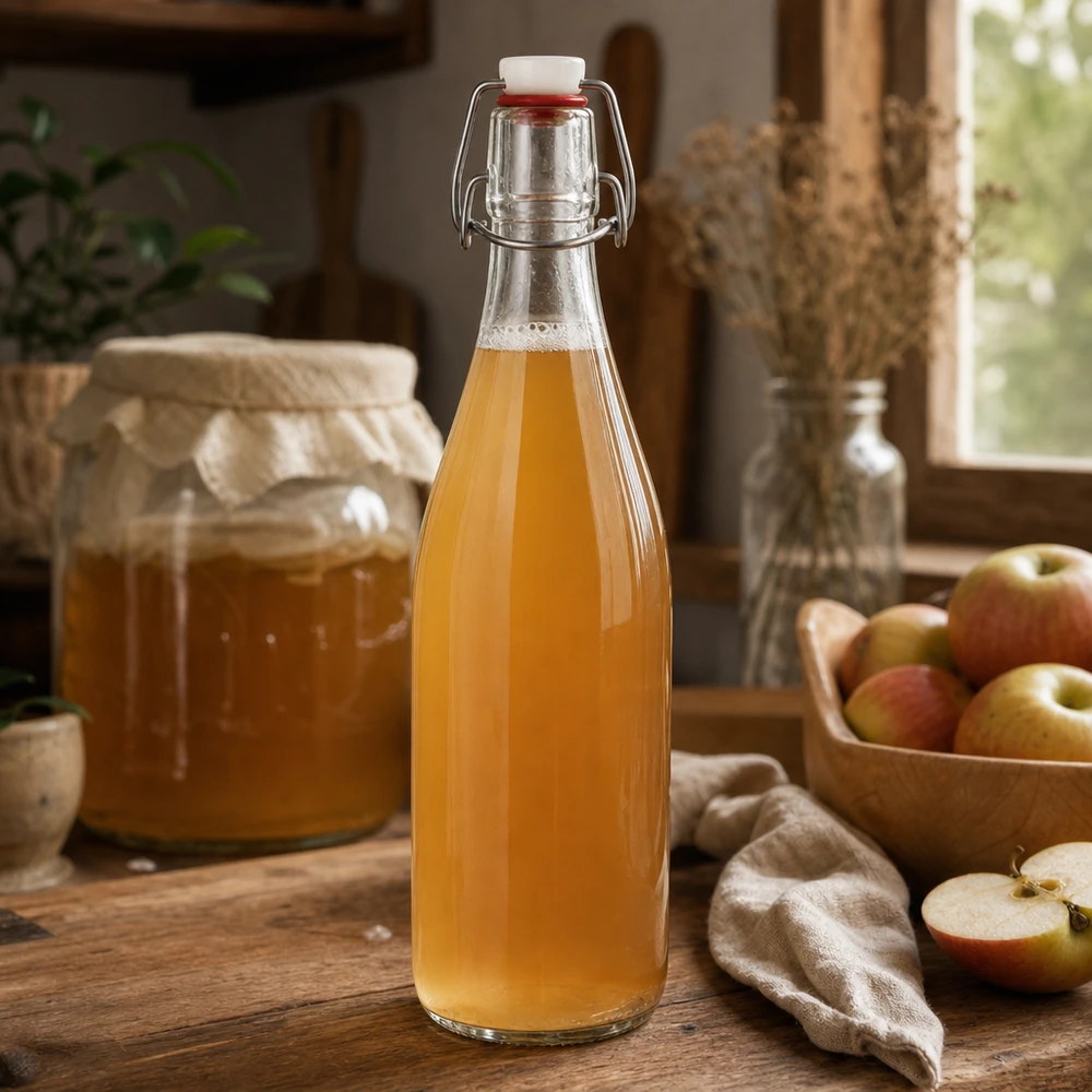 500ml glazen fles + draaidop PVC UNiTWIST 500ml glazen fles met draaidop gevuld met appelsap rustiek keuken fruitdrank zelfgemaakt natuurlijk