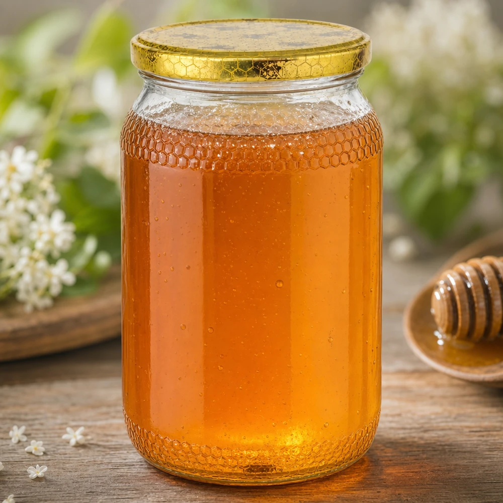 Honingpot 1260 g met honingraatmotief-deksel BasicSeal UNiTWIST 900ml honingpot gevuld met honing gouden honingraat deksel houten achtergrond honing dipper bijenteelt natuurlijk product