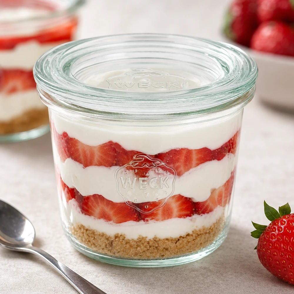 WECK RR60-pot van 80 ml met glazen deksel WECK tumblers 80ml RR60 gevuld met aardbeienroom dessert toont veelzijdig gebruik als dessert pot en portie pot