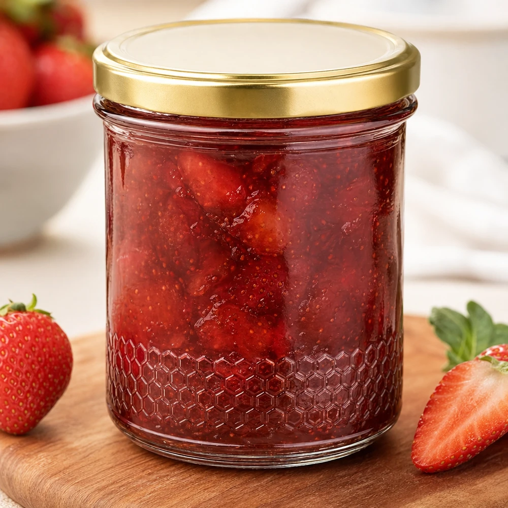 Honingpot 560 g met gouden BasicSeal UNiTWIST-deksel 400 ml honingpot met gouden BasicSeal UNiTWIST deksel als jampot voor aardbeienjam met honingraatmotief bodem