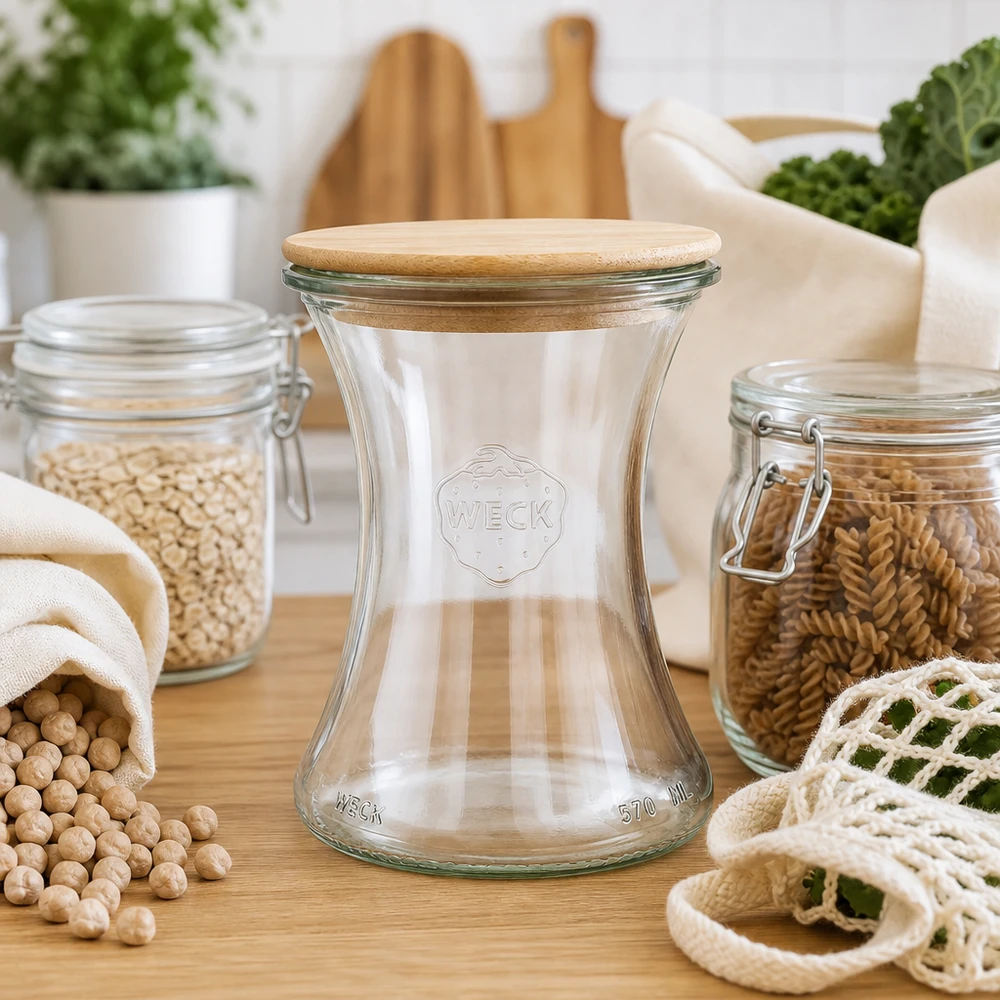 370ml delicatessenglas WECK RR80 met hout deksel WECK delicatessenpot 370ml RR80 met houten deksel in zero-waste keuken met duurzame voorraadpotten en stoffen zakken