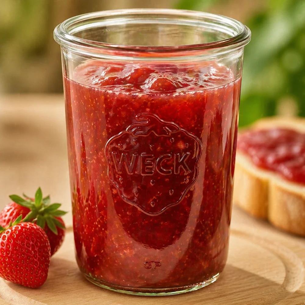 850ml stortglas WECK RR100 850ml WECK Sturzglas RR100 mit Erdbeermarmelade gefüllt auf Holzbrett neben frischen Erdbeeren und Brot