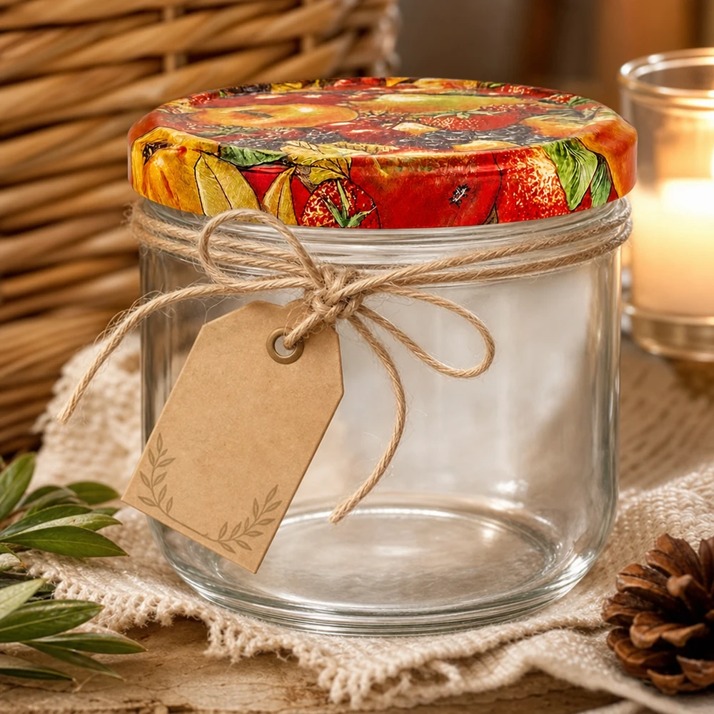 260ml bekers met BasicSeal deksel Fruit decor UNiTWIST 260ml Sturzglas mit Obst-Dekor Deckel und rustikaler Geschenkverpackung mit Juteschnur und Anhänger