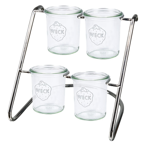 Serveerrek Flato4 voor 4 WECK-flessen Modern serveerrek met 4 WECK-potten in een metalen frame - praktisch opbergen en stijlvol presenteren