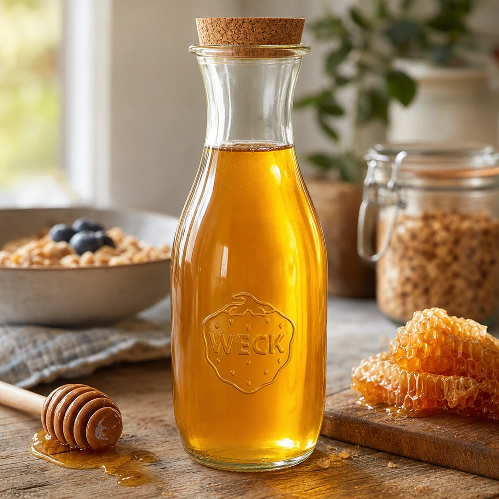 1062ml sapflessen WECK RR60 met kurk WECK sapfles 1062ml gevuld met gouden honing, natuurkurk en honingraathoning in een gezellig keukentafereel