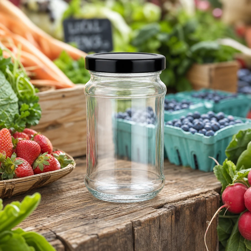 390ml rond glas met BasicSeal deksel zwart UNiTWIST 390ml ronde pot met zwart BasicSeal deksel op houten tafel tussen vers fruit en groenten van de markt