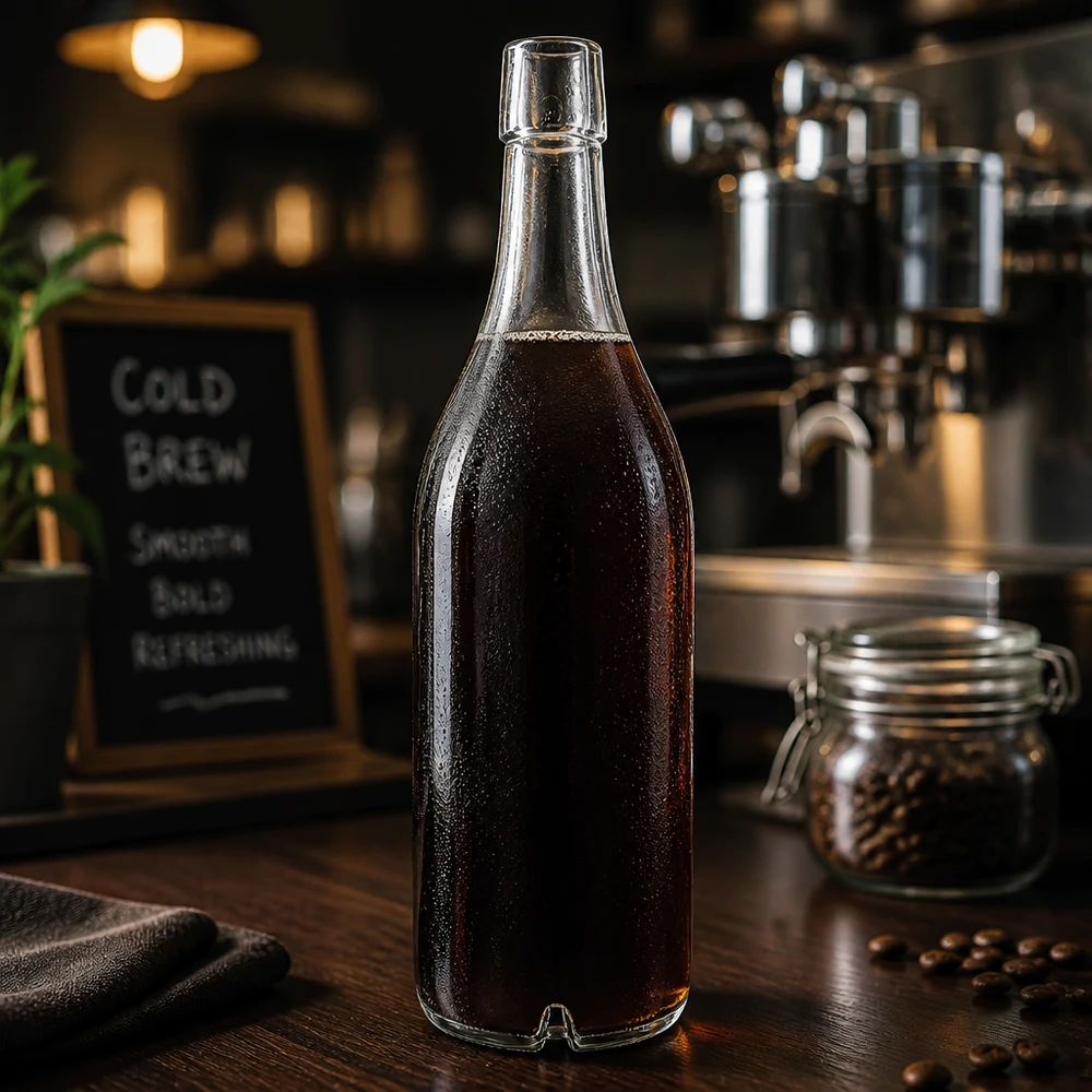 1000ml glazen fles zonder draaidop UNiTWIST 1000ml glazen fles UNiTWIST gevuld met Cold Brew Coffee koffiebonen koffiesfeer schroefdop donker