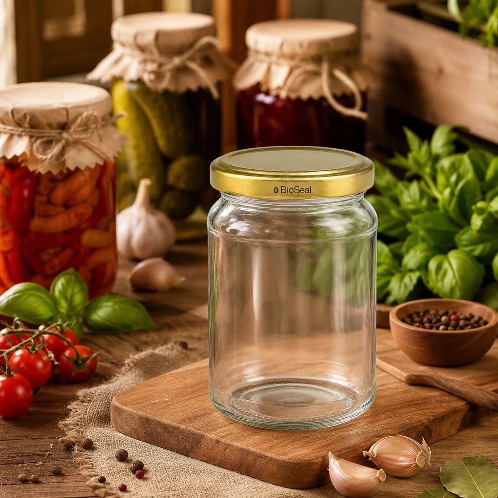 205ml rond glas met BioSeal deksel goud UNiTWIST UNiTWIST Runda205 leeres Einmachglas Küchenszenerie mit Gemüse Kräutern TO58 BioSeal Golddeckel Konservierungsglas