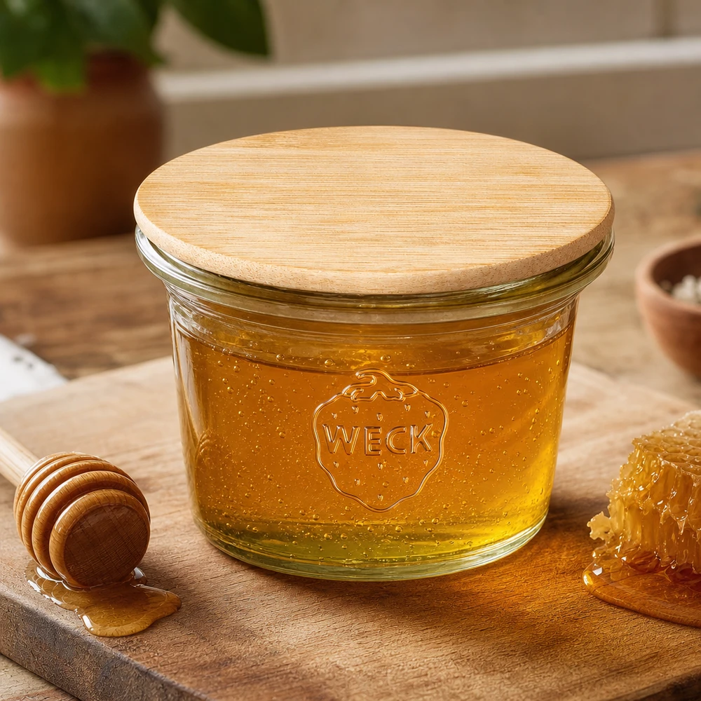 WECK RR40 35ml mason jar met bamboe houten deksel gevuld met honing naast honinglepel en honingraat op een houten basis