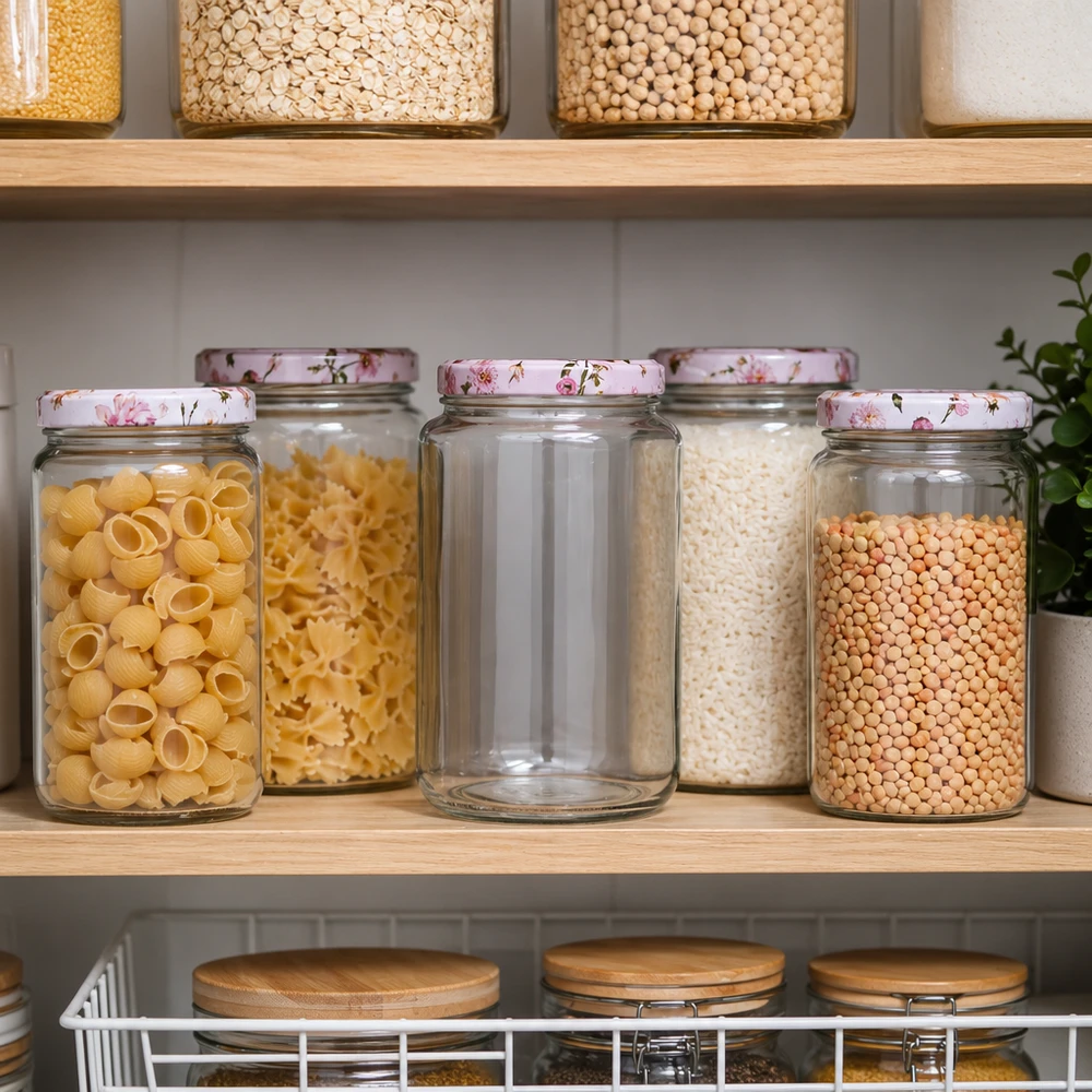 Ronde pot van 795 ml + BasicSeal-deksel met roze bloem UNiTWIST 795ml ronde pot BasicSeal deksel roze bloemen in georganiseerde voorraadkast met pasta rijst linzen opslag keuken