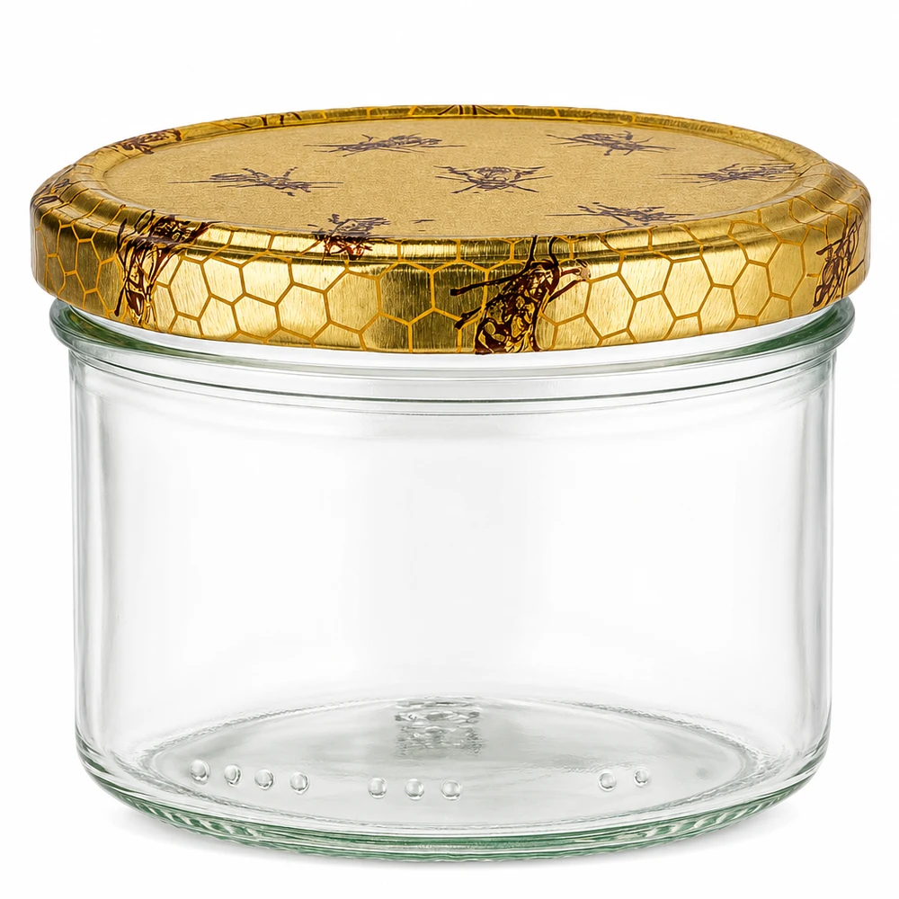 Honingpot 300 g met deksel met honingraatmotief BasicSeal UNiTWIST Lege glazen honingpot van 300 g met gouden honingraat schroefdeksel voor honing en jam