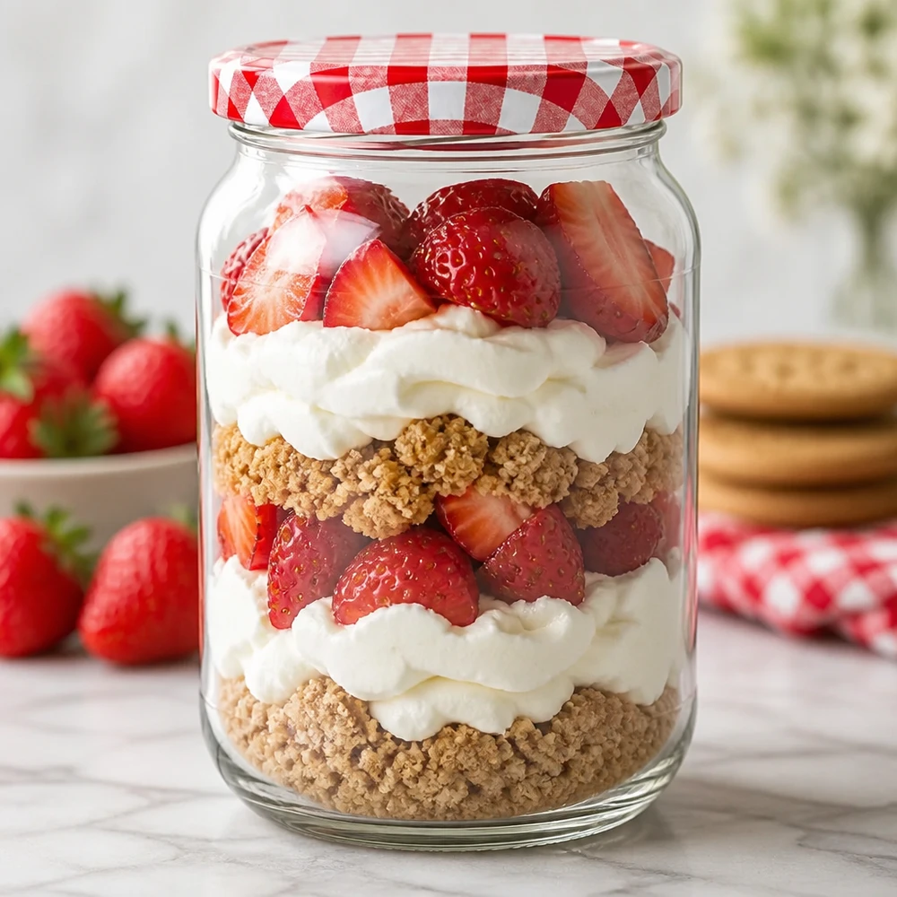 1062ml rond glas met BasicSeal deksel rood/wit UNiTWIST 1062ml rond glas BasicSeal deksel dessert gelaagd dessert aardbeien room biscuitbodem trifle dessertglas