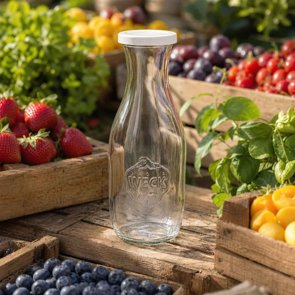 Sapfles van 1062 ml met vershouddeksel WECK RR60 WECK sapfles 1062ml leeg met logo tussen kleurrijke vruchten op houten kratten in een natuurlijke tuinsetting