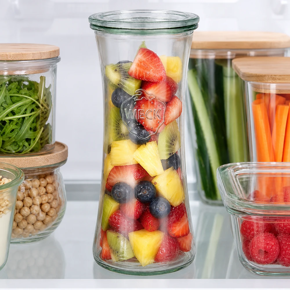 700ml delicatessenglas met glazen deksel WECK RR80 WECK Delikatessenglas 700ml RR80 mit buntem Obstsalat im Kühlschrank - perfekte Vorratshaltung für frische Früchte