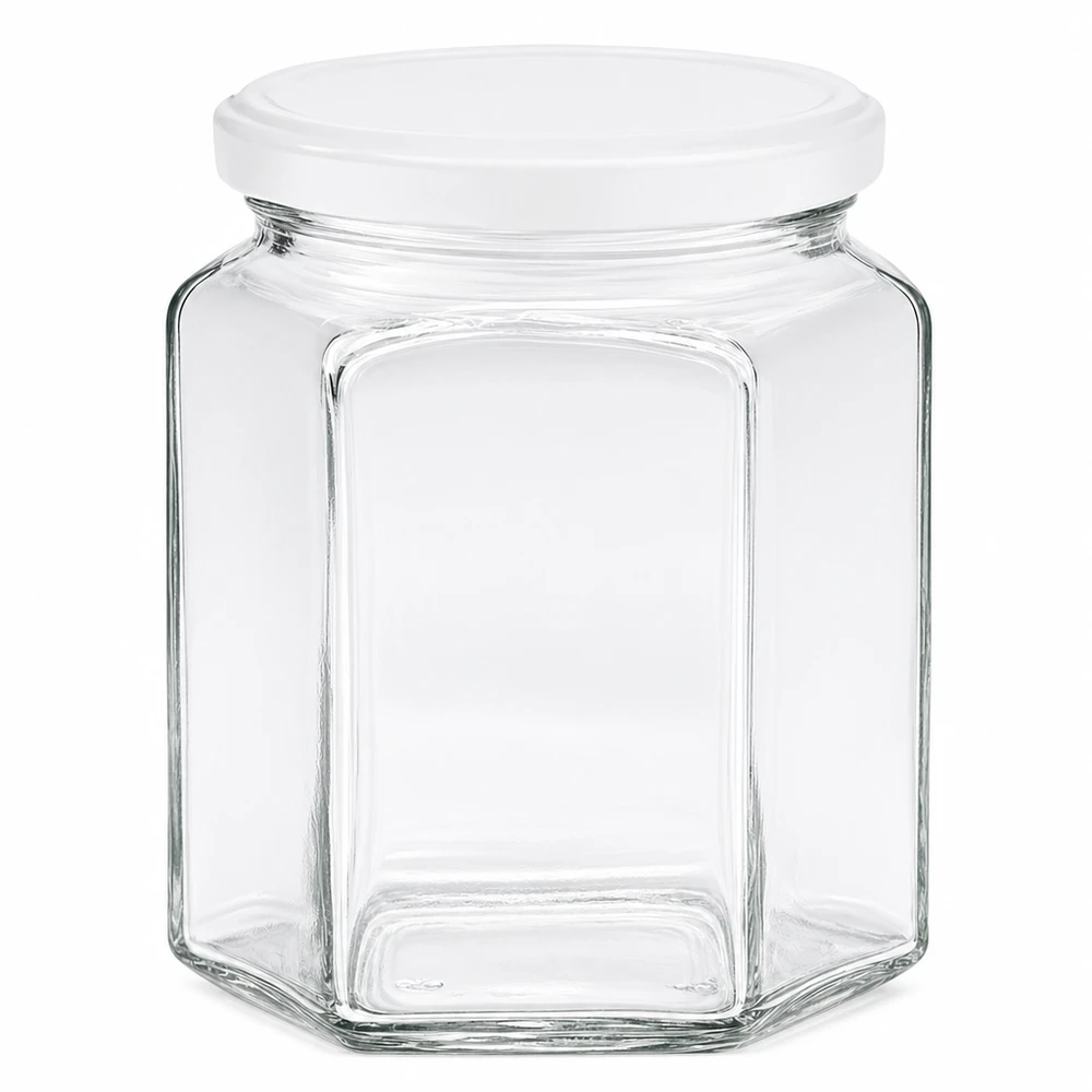 Honingpot 400 g met witte deksel BasicSeal UNiTWIST 400g zeshoekige honingpot met wit schroefdeksel van glas voor honing en jam