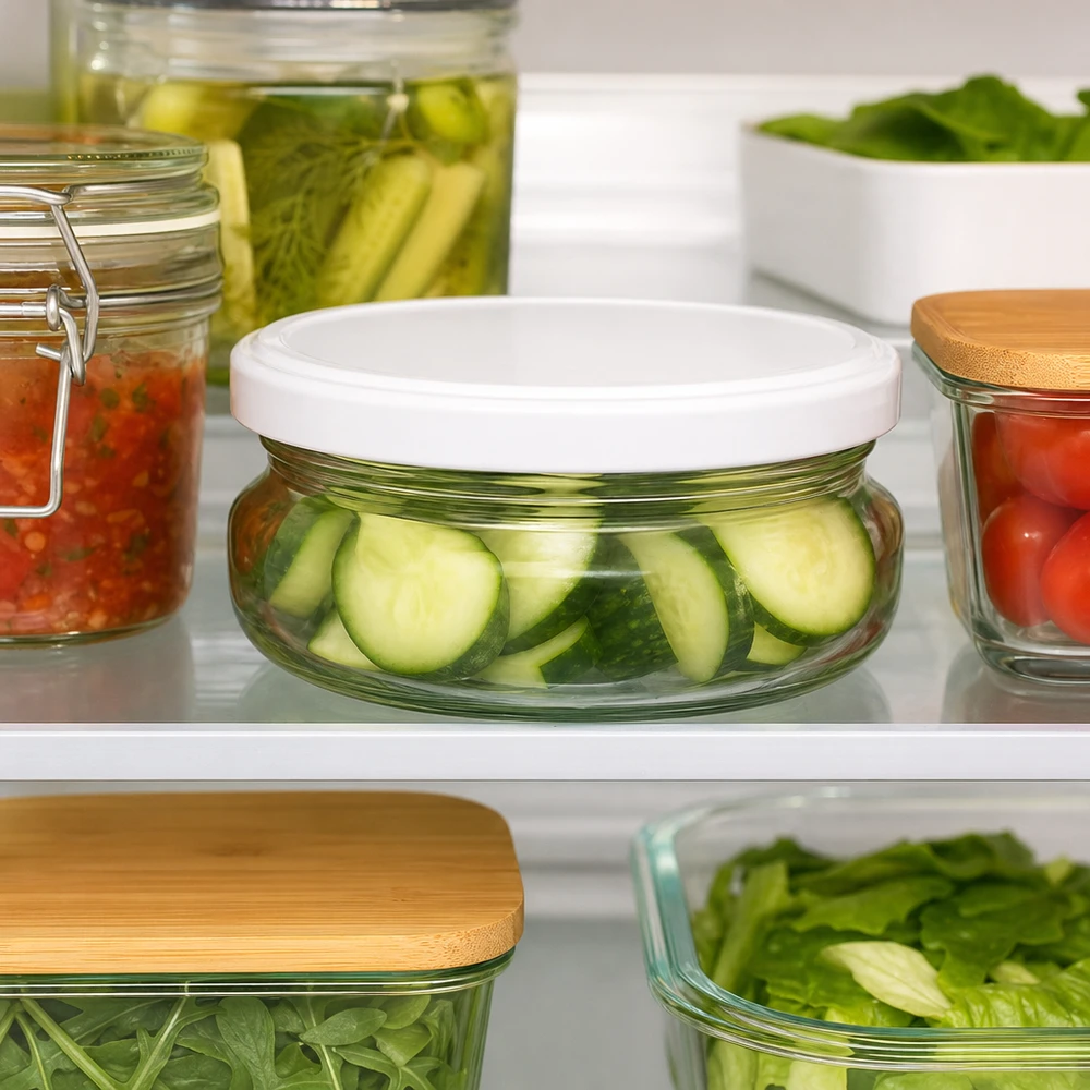 120ml terrine met BasicSeal deksel wit UNiTWIST 120 ml beker met wit deksel vol komkommerschijfjes in de koelkast naast ingemaakte groenten en blikvoer