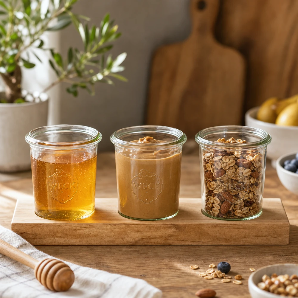 Houten serveerplank met Weck potten 160ml gevuld met honing notenboter en muesli in een moderne keuken