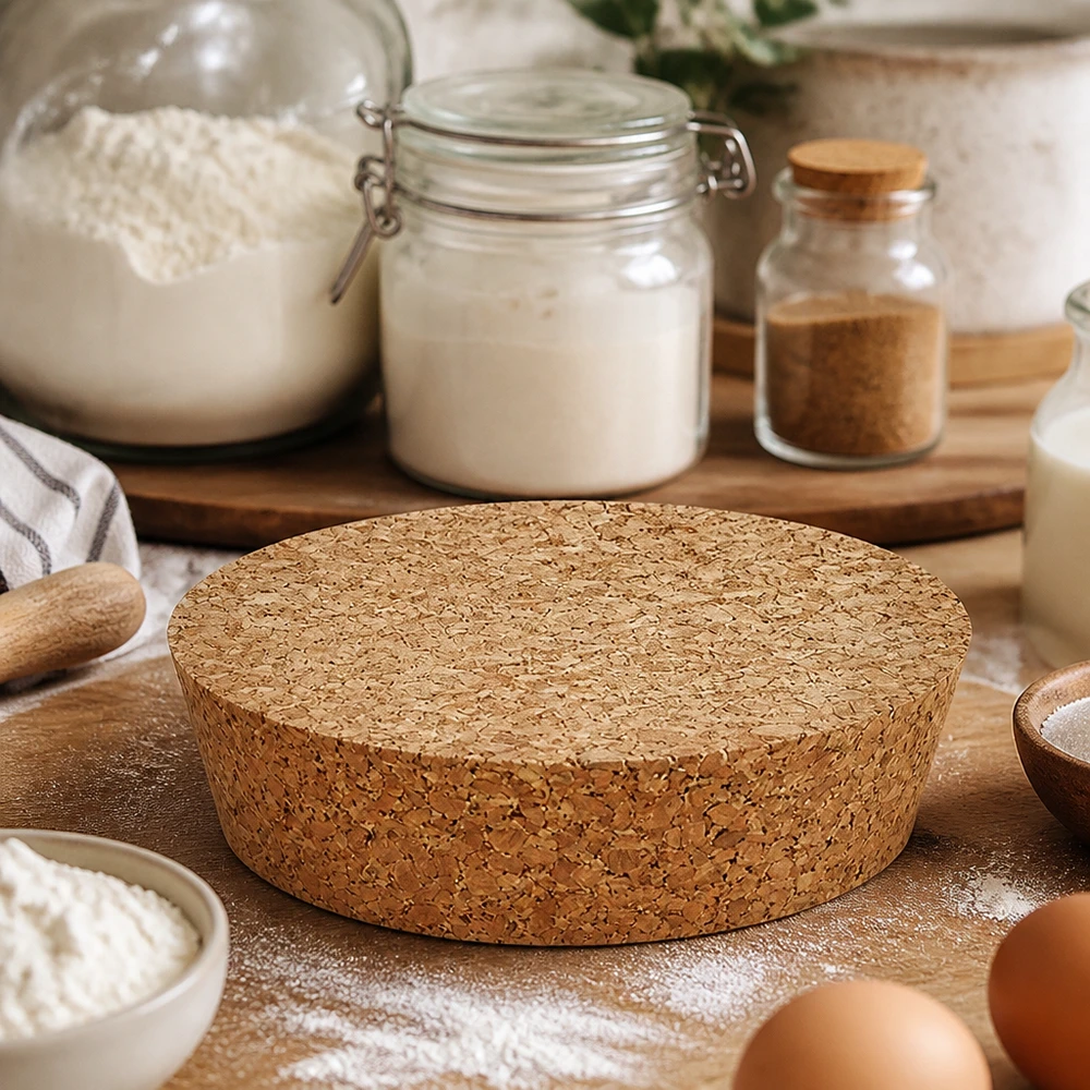 WECK RR80 kurk stopper naturel kurk rond op aanrecht met meel eieren bakingrediënten rustieke keuken decoratie naturel