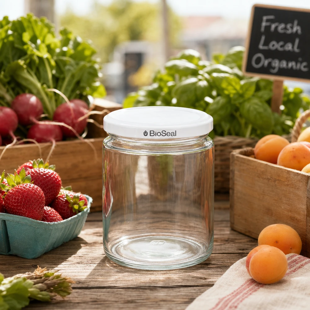 Honingpot 350 g met witte BioSeal UNiTWIST-deksel 250ml honingpot BioSeal UNiTWIST leeg op houten tafel met vers fruit groenten van de boerenmarkt inmaakpot voorraadpot