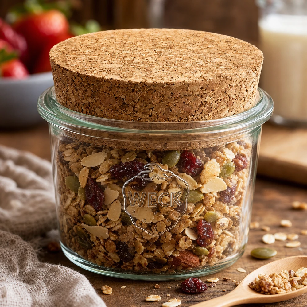 35ml stortglas WECK RR40 met kurk WECK RR40 35ml metselpot met kurk gevuld met muesli, noten en gedroogd fruit als voorraadpot in de keuken