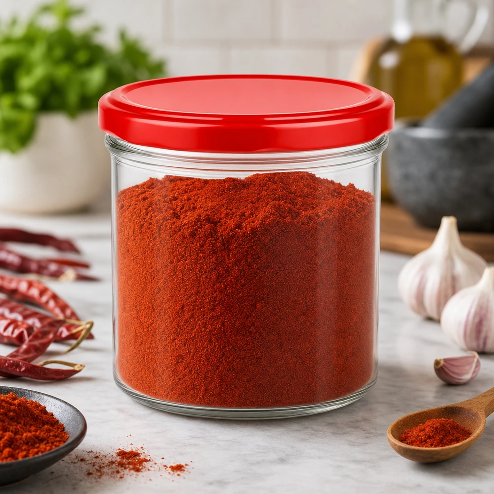 230ml cilindrische pot met BasicSeal deksel rood UNiTWIST 230 ml cilindrische pot met rood deksel gevuld met paprikapoeder in de keuken met specerijen en knoflook