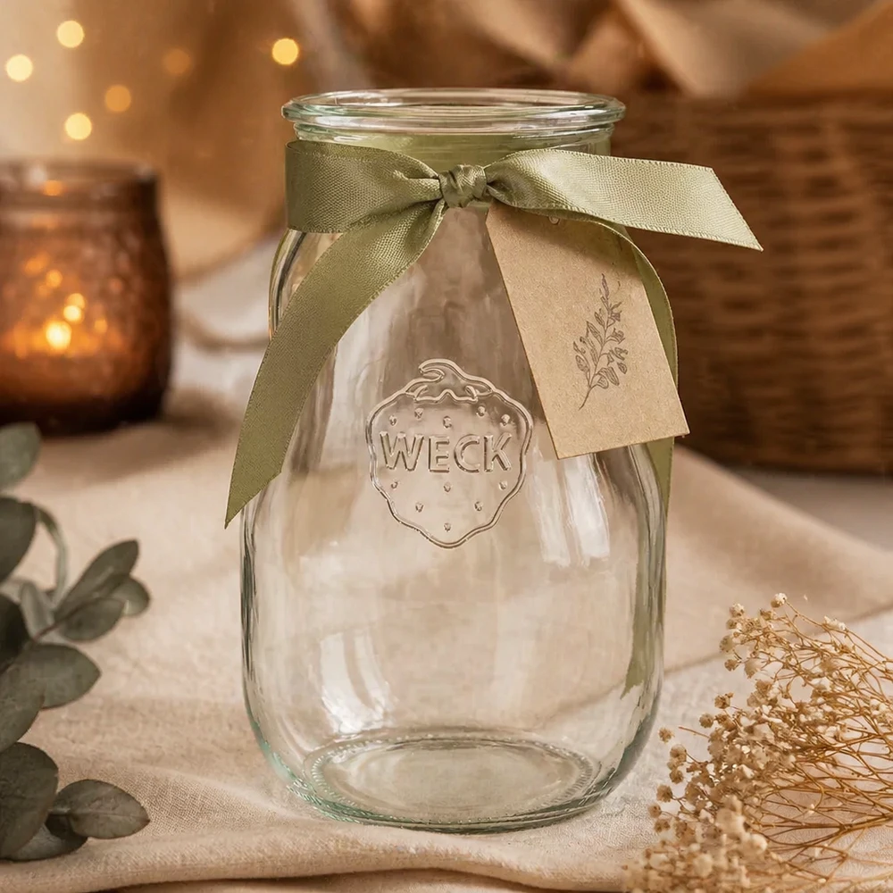 WECK tulpenpot 2700ml RR100 met groene strik en cadeaulabel decoratief opgemaakt met kaarsen en droogbloemen