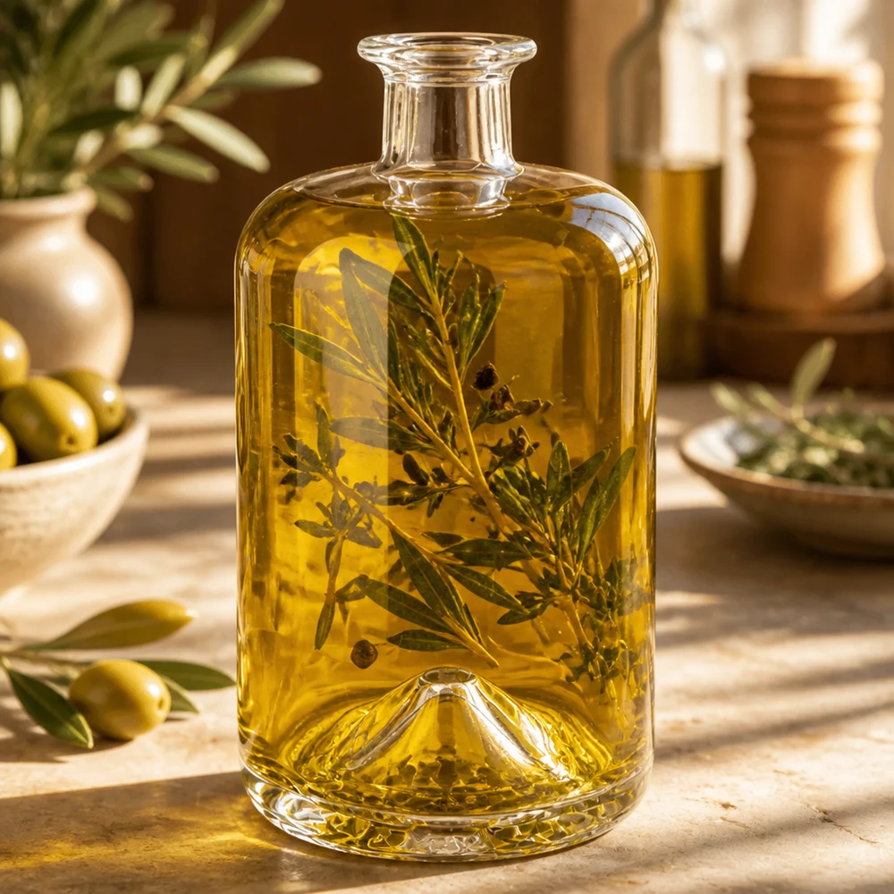 700 ml apothekersfles Sofia zonder sluiting UNiTWIST® Sofia 700ml glazen fles gevuld met olijfolie en kruiden gedecoreerd op een houten tafel als voorbeeld van gebruik