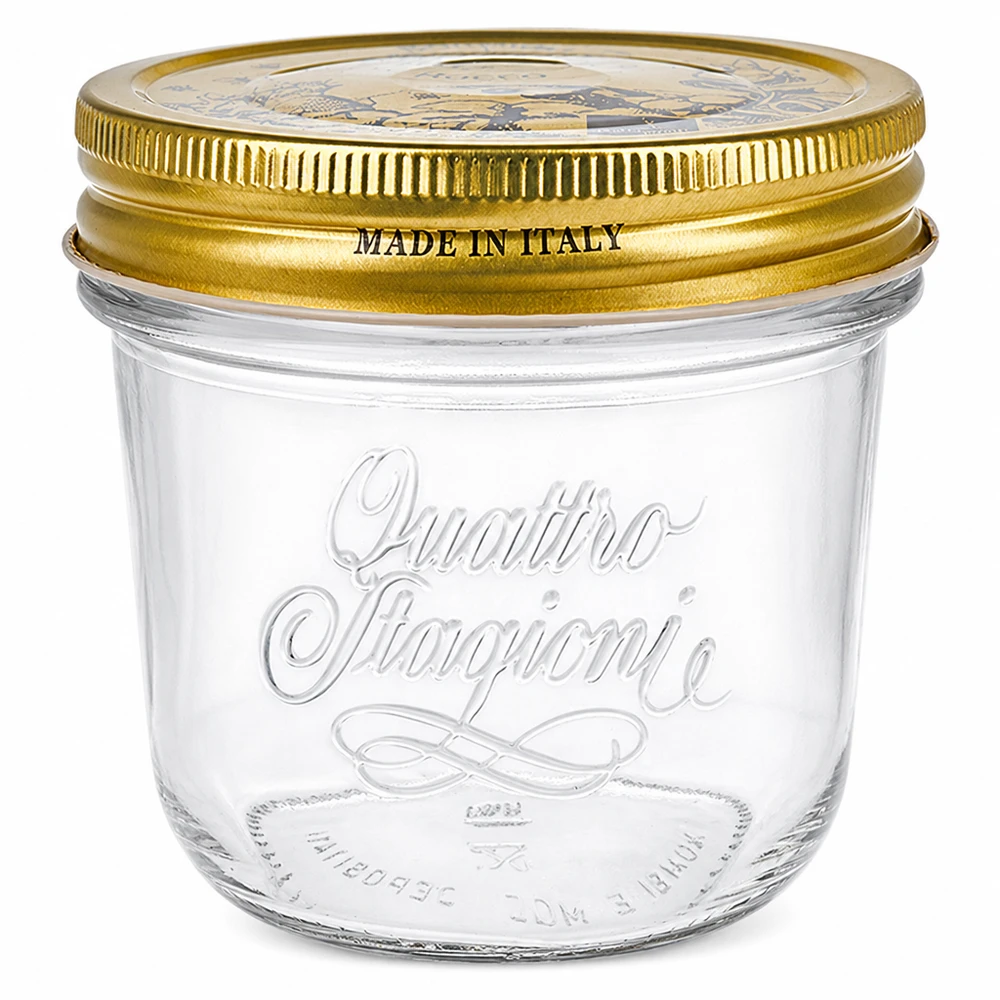 200ml "Quattro Stagioni" bekers met deksel 200ml Quattro Stagioni pot met gouden schroefdeksel Made in Italy Inmaakpot voor conserven en jam