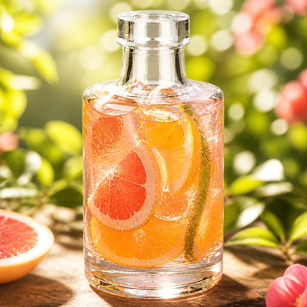 100 ml glazen fles Marie zonder sluiting UNiTWIST® 100ml glazen fles Marie met grapefruitdrank en ijsblokjes in een natuurlijke tuin met fruit