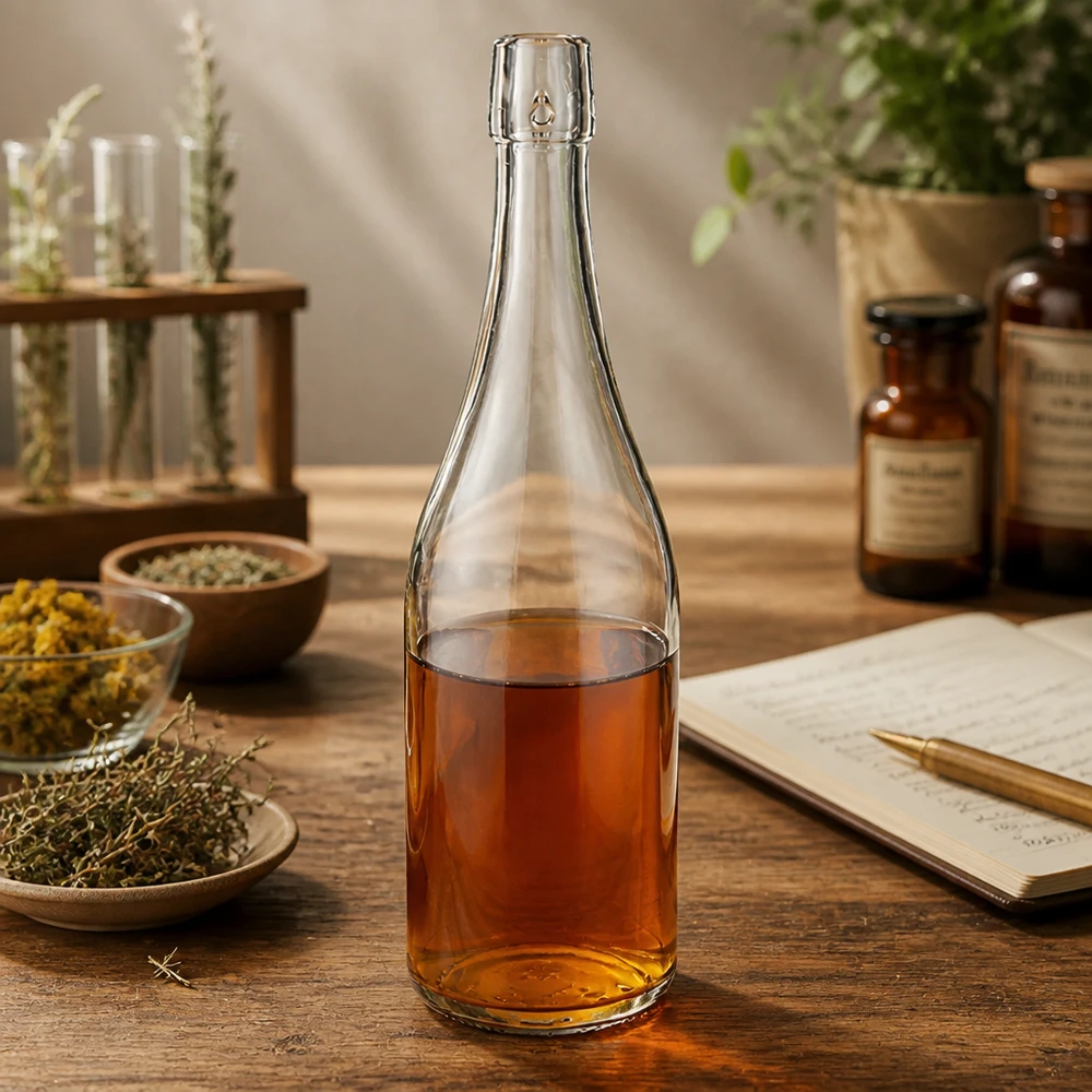 750 ml glazen fles zonder draaidop UNiTWIST 750ml UNiTWIST glazen fles gevuld met kruidenthee apothekerssfeer gedroogde geneeskrachtige kruiden notitieboekje receptenboek