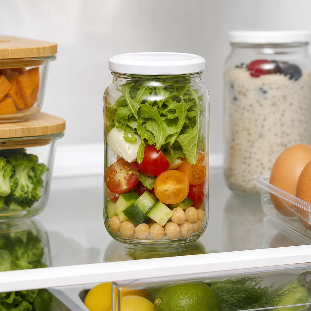 1062ml rond glas met BasicSeal deksel wit UNiTWIST 1062ml ronde pot BasicSeal deksel met salade in koelkast Meal Prep Container opslag vers voedsel