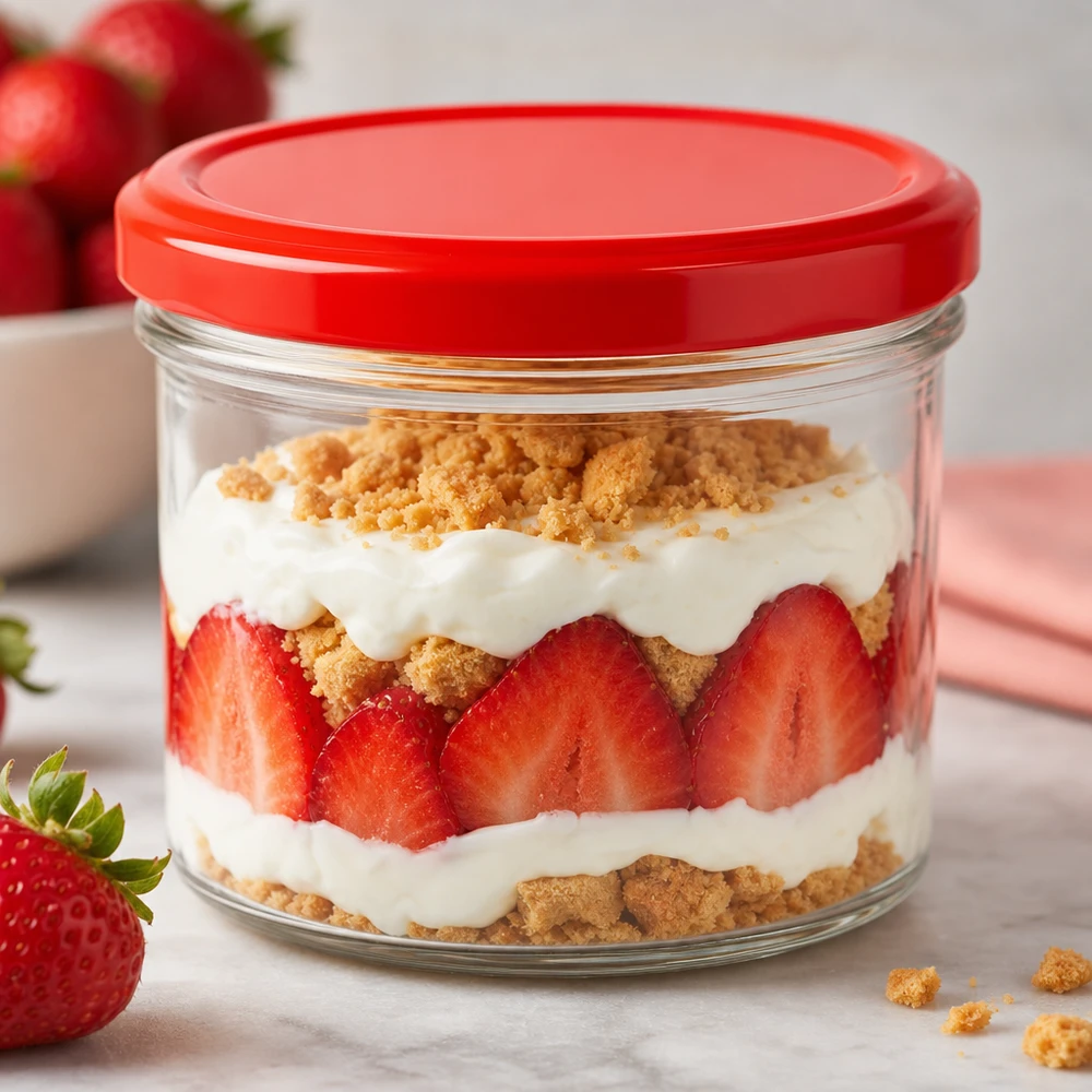 230ml cilindrische pot met BasicSeal deksel rood UNiTWIST 230ml Zylinderglas mit rotem Deckel als Dessertschale für Erdbeertrifle mit Sahne und Kekskrümeln