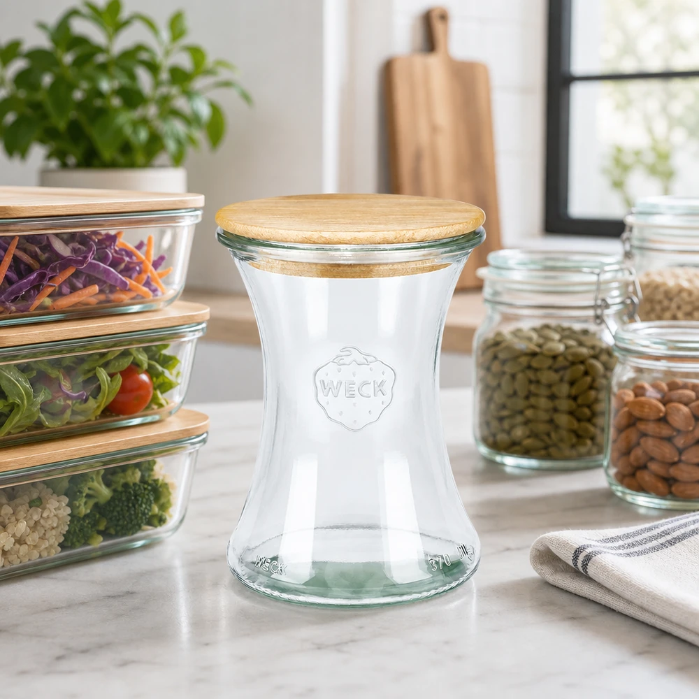 370ml delicatessenglas WECK RR80 met hout deksel WECK delicatessenpot 370ml RR80 met houten deksel in moderne keukens naast voorraadpotten en meal prep containers