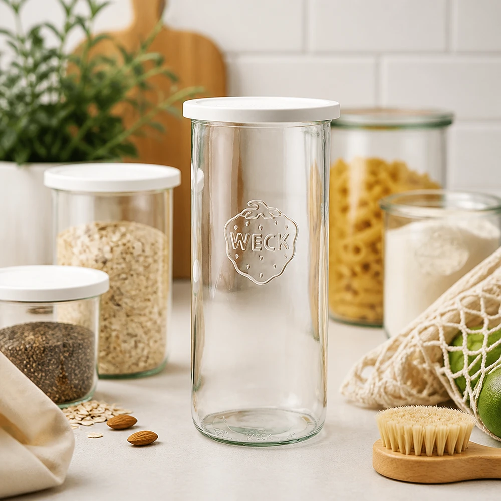 1500ml stortglas met vershouddeksel WECK RR100 WECK 1500ml RR100 bekers in een moderne keuken met pasta voorraadpotten en duurzame eco producten