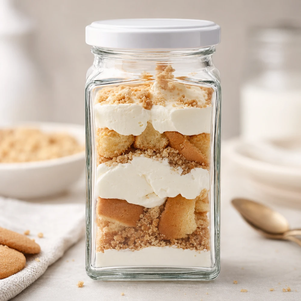 260ml tetraglas met BasicSeal deksel wit UNiTWIST 260 ml Tetraglas BasicSeal wit als dessertglas gevuld met tiramisu gelaagd dessert naast lieveheersbeestjes Keukentafel