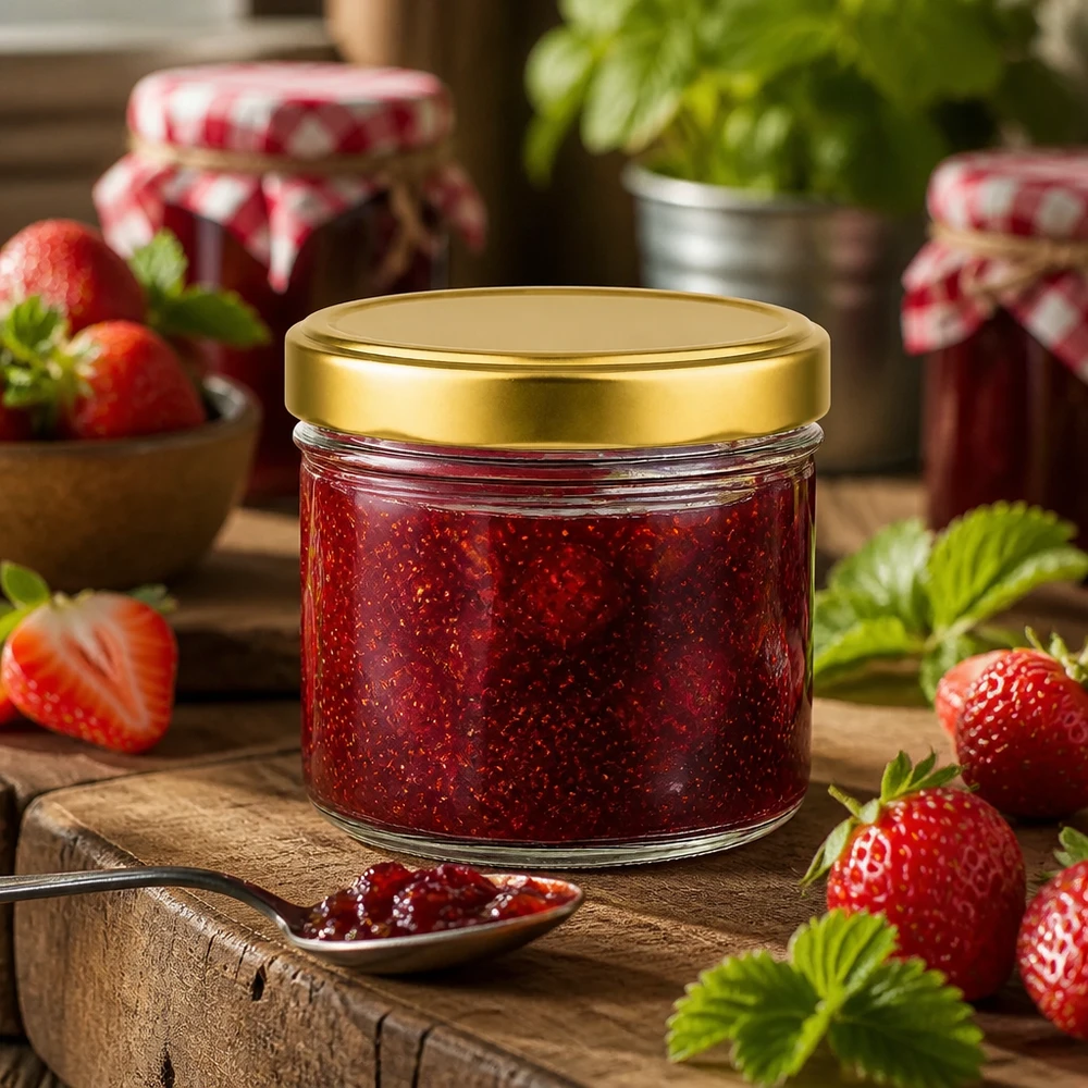 230ml cilindrische pot met BasicSeal deksel goud UNiTWIST 230 ml cilinderpot gevuld met aardbeienjam gouden BasicSeal deksel Toepassing voorbeeld jampot