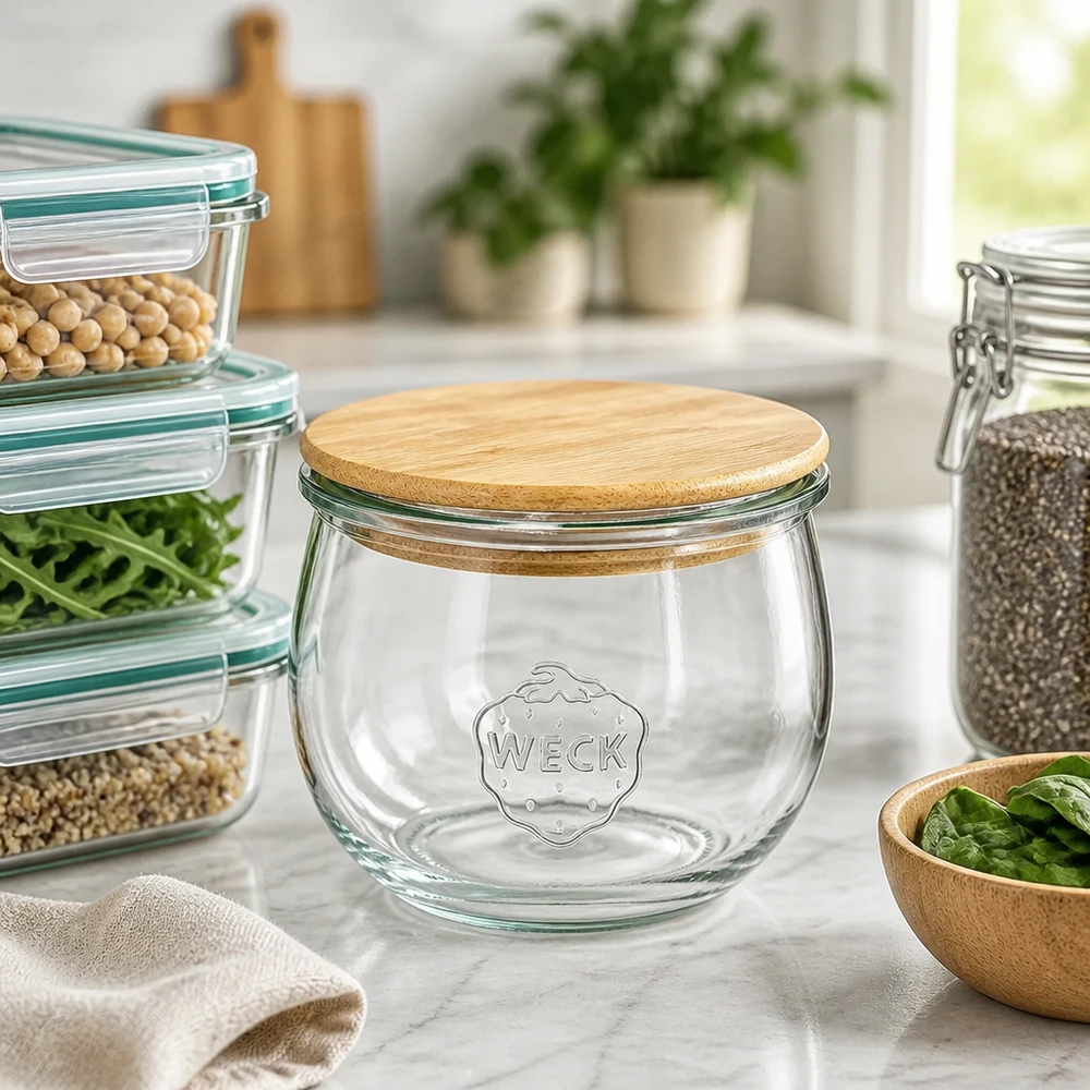 WECK voorraadpot 580ml RR100 met houten deksel in een moderne keuken naast gestapelde glazen potten met peulvruchten