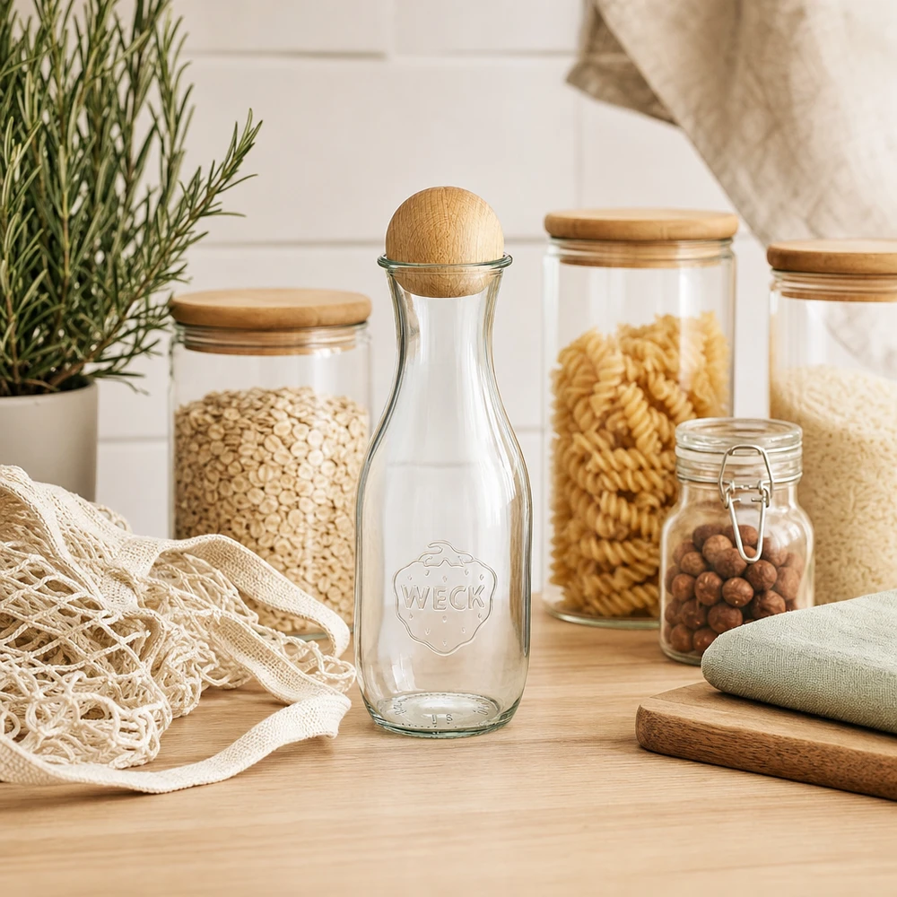 WECK glazen fles 1062ml RR60 in duurzame keuken met zero-waste voorraadpotten jutezak en rozemarijnplantje