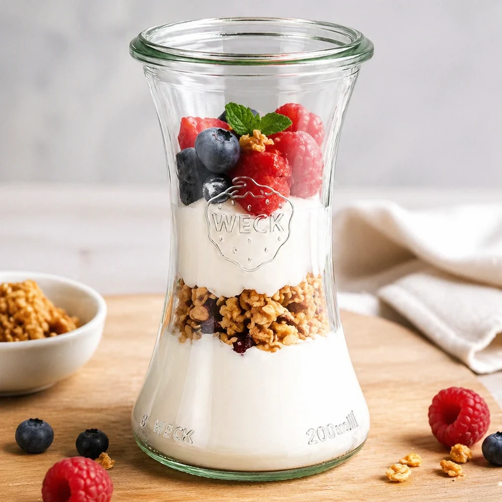 WECK RR60 delicatessenpot 200ml gevuld met yoghurt granola en bessen als parfait op houten tafel met decoratie