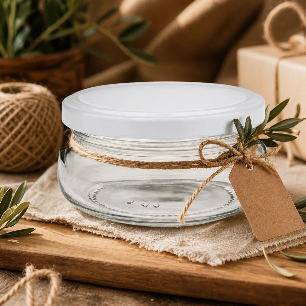 120ml terrine met BasicSeal deksel wit UNiTWIST 120ml Terrinenglas mit BasicSeal Deckel dekorativ mit Jute-Band und Geschenkanhänger auf Holztablett arrangiert