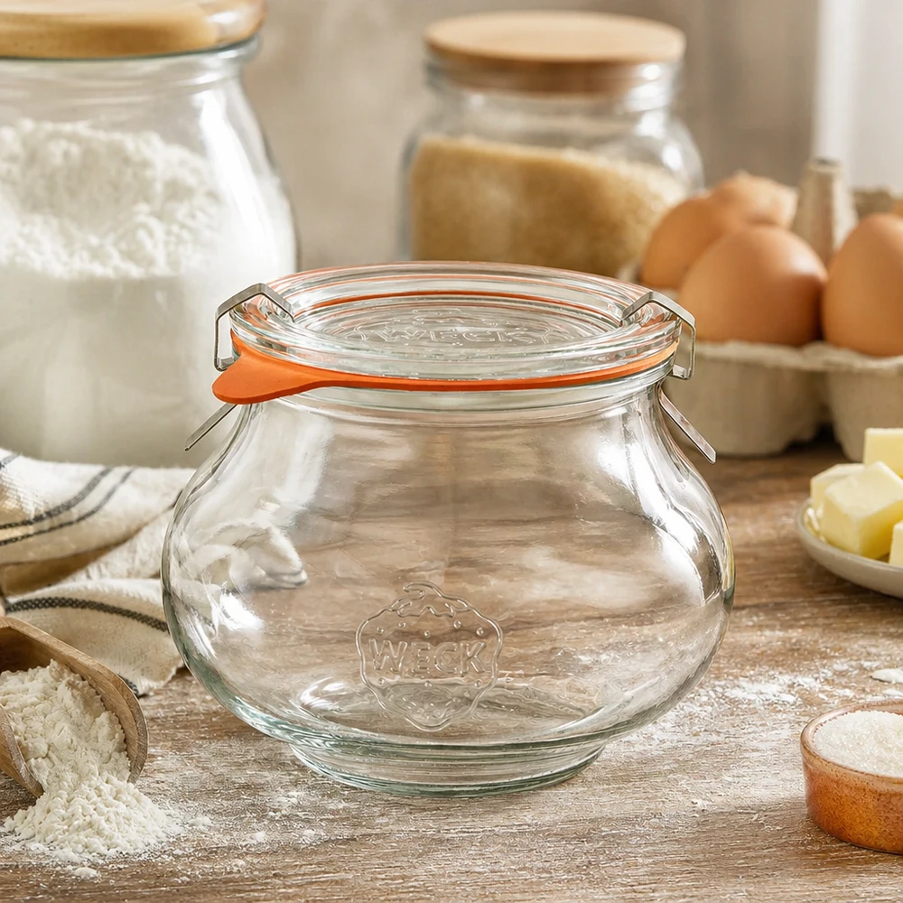 560 ml sierglas, compleet WECK RR80 WECK decoratieve pot 560ml RR80 in rustieke keuken met bakingrediënten, bloem en eieren, perfect voor keukenorganisatie