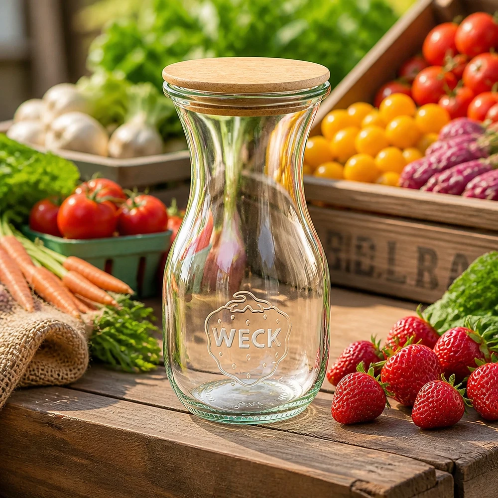 WECK glazen fles 290ml met kurkstop tussen verse groenten en fruit op een rustieke houten tafel