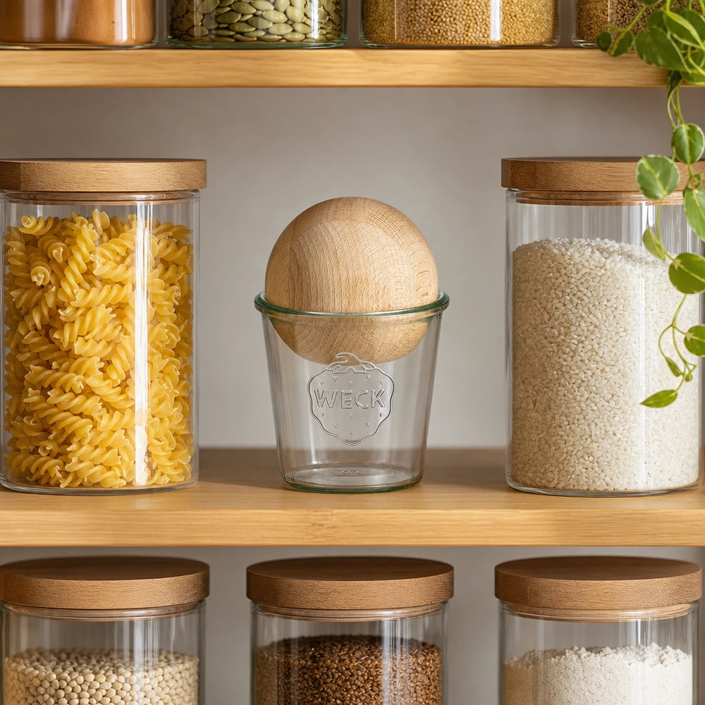 580ml stortglas WECK RR100 met houten bal WECK pot RR100 580ml met beukenhouten bol in een moderne voorraadkeuken tussen pasta en rijst op een houten plank