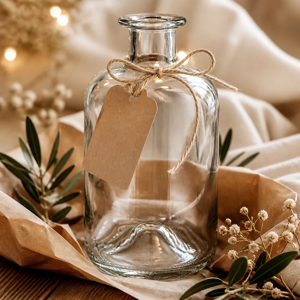 500 ml Apothekersfles 500ml Glasflasche "Luna" ohne Verschluss UNiTWIST zonder sluiting UNiTWIST® Apothekersfles Luna 500ml transparant met kraftpapier label als cadeauverpakking tussen droogbloemen