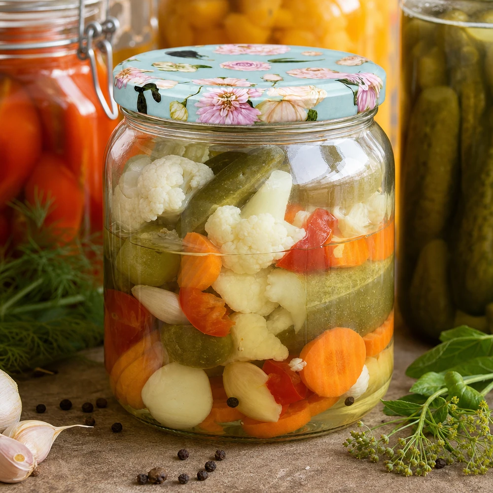 Ronde pot van 425 ml + BasicSeal-deksel met muntbloem UNiTWIST 425 ml ronde pot met bloemmuntdeksel gevuld met ingemaakte groenten - inmaakpot voor conserven en augurken